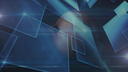 Poster - Upon starting 3D blue rectangles sliding in pulsing nodes rotating dark sphere revealing surface