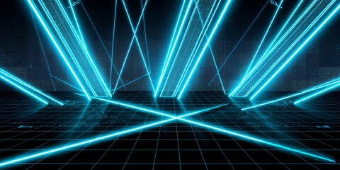 Poster - Abstract futuristic background with glowing blue lines and grid floor creating a tunnel effect