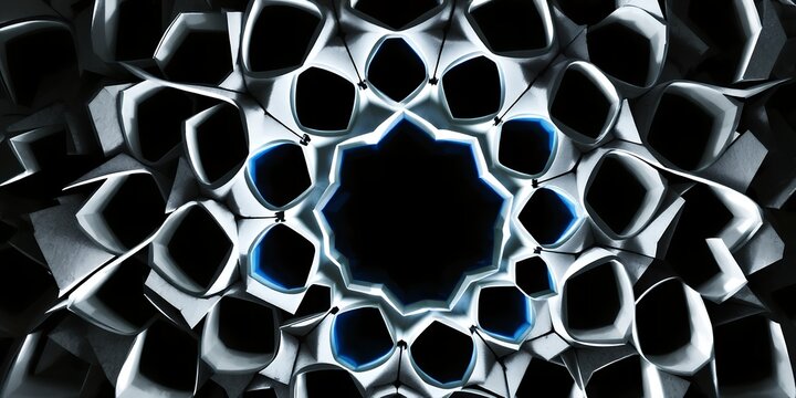Abstract rendering of a complex geometric design with repeating shapes and blue accents