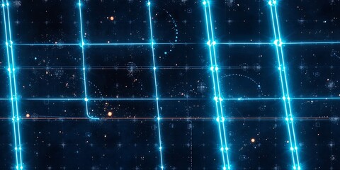 Poster - Abstract grid pattern with glowing blue lines and scattered light points on a dark background