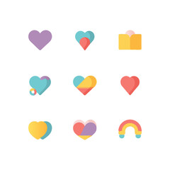 Poster - Colorful hearts of various designs arranged in a grid pattern conveying themes of love, diversity, and inclusivity in a modern vector style