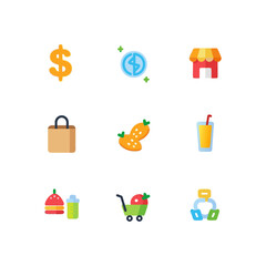 Poster - Colorful shopping icons representing finance, groceries, food, and retail commerce with a modern design