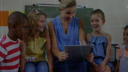 Poster - Teacher tapping tablet in classroom, showing educational map animations as students touching screen