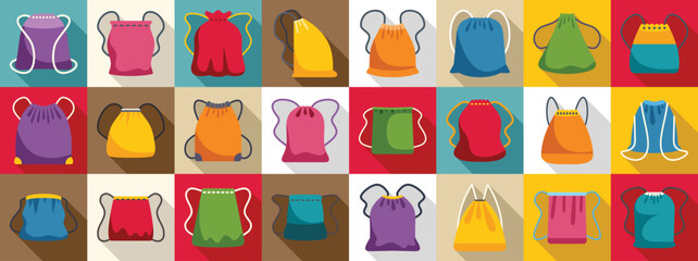 Poster - Drawstring sack icons set. Collection of various colorful backpacks representing different styles and uses, ideal for projects related to outdoor activities, school, sports, or travel