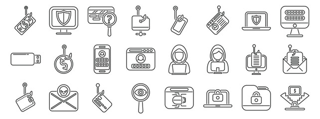 Aufkleber - Bait hacking icons set. Phishing attacks and various cyber security threats targeting sensitive data are depicted in a set of icons representing the importance of online safety and data protection
