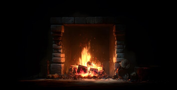 A fire in the fireplace, nighttime, pitch-black background, realism, cinematic.