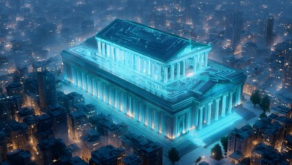 Poster - A futuristic bank building made of circuit boards and glowing data streams, with a holographic display on the roof featuring ancient Greek architectural elements, 