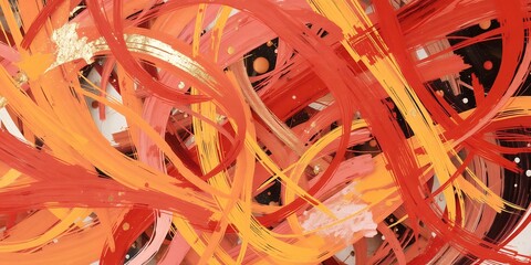 Poster - Abstract painting featuring brushstrokes in shades of red orange and gold on dark background