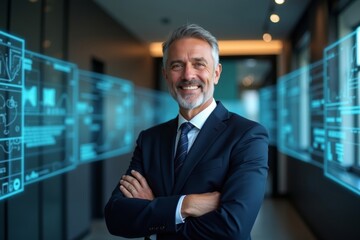 Poster - Portrait of a Smiling, Handsome Lawyer in Modern Legal Office with Holographic Screens