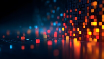 Fototapete - 
Abstract digital background with glowing pixelated squares and data points in a color scheme of dark blue