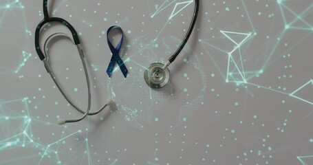 Poster - Digital turquoise nodes forming lines, pulsing world map showing health link by stethoscope ribbon