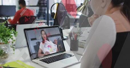 Poster - Office worker engaging business laptop call as colleague showing chart and moving overlays emerging