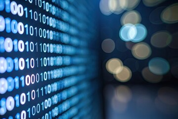 abstract digital data stream of glowing blue binary code with bokeh lights background