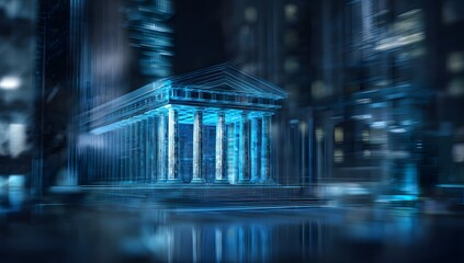 Fototapete - Futuristic bank building in the background, digital hologram of an ancient Greek temple with columns and pillars glowing with blue lights 