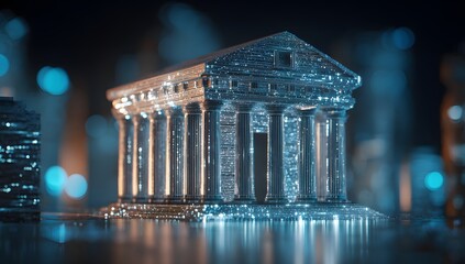 Fototapete - Futuristic bank building in the background, digital hologram of an ancient Greek temple with columns and pillars glowing with blue lights 
