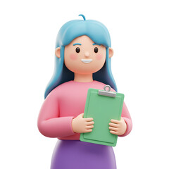 Fototapete - Friendly 3d cartoon woman with blue hair holding a green clipboard and smiling isolated on transparent background