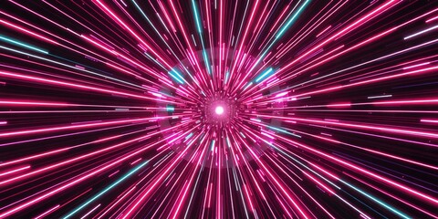 Poster - Abstract tunnel with pink and turquoise neon lines converging to a bright central point light