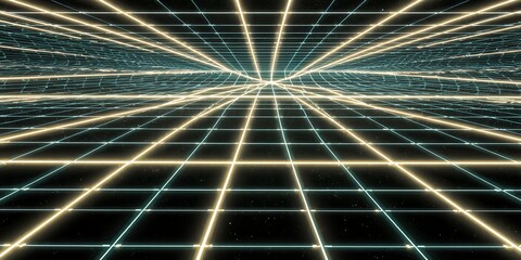 Poster - perspective view of a glowing grid with yellow and cyan lines on a dark background with dots