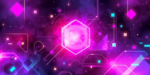 Poster - Abstract digital background with glowing hexagon and geometric shapes in purple and pink tones