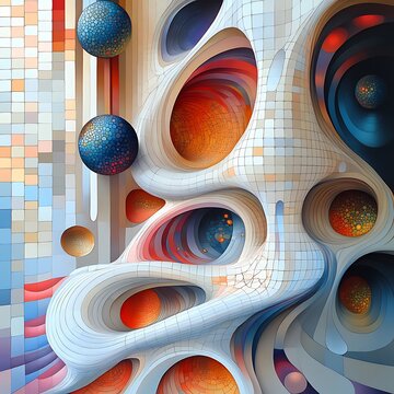 Abstract futuristic architectural structure with spheres rendered as digital artistic photo