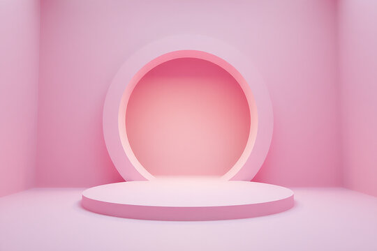 Minimalist pink stage with circular archway and podium for product display