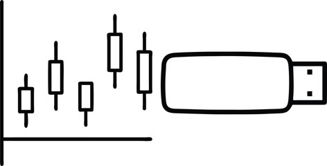 Poster - Simple black and white illustration of a usb flash drive next to a stock market candlestick chart