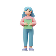 Fototapete - Friendly 3d cartoon character woman with blue hair holding a green clipboard isolated on transparent background