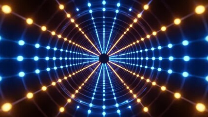 Fototapete - Abstract tunnel with blue and orange lights in dark space with geometric patterns
