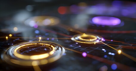 Fototapete - 
A close-up of the interface on an advanced computer screen, with futuristic lines and holographic elements floating in mid-air. The focus is drawn