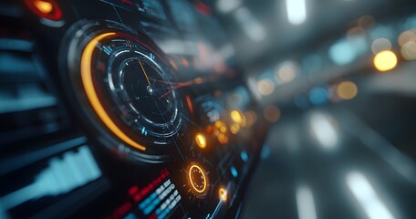 Fototapete - 
A close-up of the interface on an advanced computer screen, with futuristic lines and holographic elements floating in mid-air. The focus is drawn