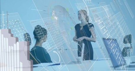 Poster - Woman presenting business data to colleague as holographic charts appear around sticky notes