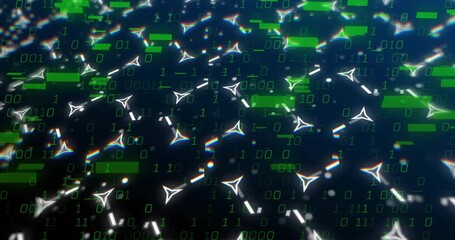Poster - On start white triangles drifting and green bars growing, illustrating animated data network growth