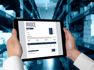 Poster - Invoice on computer screen from accounting application. Computer program for financial and budget of corporate business. Snugly.