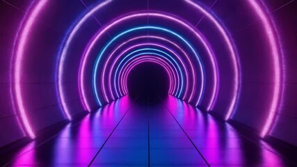 Fototapete - Futuristic Tunnel With Purple And Blue Neon Lights Creating A Circular Gradient With Reflections