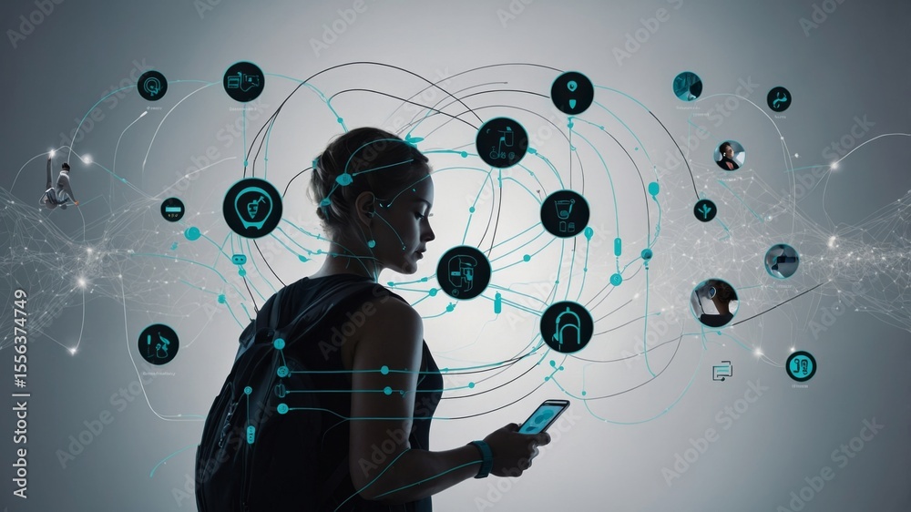 Person Using Smartphone Surrounded by Digital Icons and Connectivity ...
