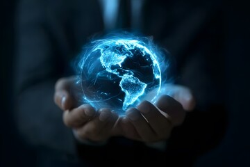 Aufkleber - Businessman holding a glowing blue Earth hologram in his Hands on a black background, a digital world concept, technology and global network connection, close-up shot, 4K, ultra-realism, high detail, 