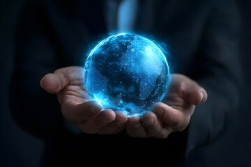 Aufkleber - Businessman holding a glowing blue Earth hologram in his Hands on a black background, a digital world concept, technology and global network connection, close-up shot, 4K, ultra-realism, high detail, 