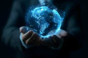 Aufkleber - Businessman holding a glowing blue Earth hologram in his Hands on a black background, a digital world concept, technology and global network connection, close-up shot, 4K, ultra-realism, high detail, 