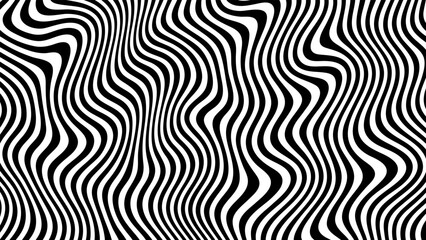 Poster - Black and white abstract wavy lines pattern creating an optical illusion. Groovy psychedelic striped background for modern design.