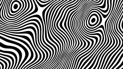 Poster - Abstract black and white wavy line background. Groovy striped optical illusion texture. Hypnotic ripple surface pattern for modern design.