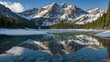 © Monty - Majestic Mountain Peaks Reflecting in a Tranquil Lake Surrounded by Evergreen Trees in a Serene Early Morning Setting