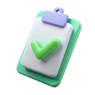 3d stylized clipboard with a green checkmark and purple clip isolated on transparent background