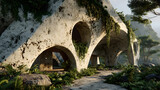 Overgrown organic architecture in lush jungle setting