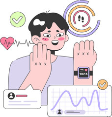 Poster - Man health fitness tracker smartwatch wellness data analysis monitoring technology healthcare app digital vector art illustration and png 