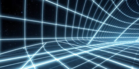 Poster - Abstract glowing blue grid lines forming a perspective landscape against dark background