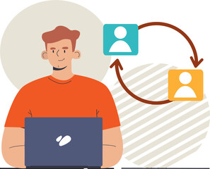 Poster - Man laptop communication networking connection people online digital teamwork technology exchange process vector art illustration and png 
