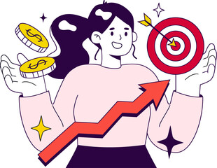 Poster - Woman target money arrow growth success business goal achievement finance investment marketing strategy vector art illustration and png 