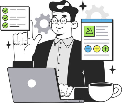 Illustration business man working laptop checklist planning strategy management design project task workflow vector art illustration and png 