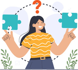 Aufkleber - Woman puzzle question solution problem solving strategy thinking analysis decision making challenge concept idea vector art illustration and png 