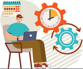 Poster - Man calendar laptop gears clock time management productivity workflow efficiency planning schedule task vector art illustration and png 